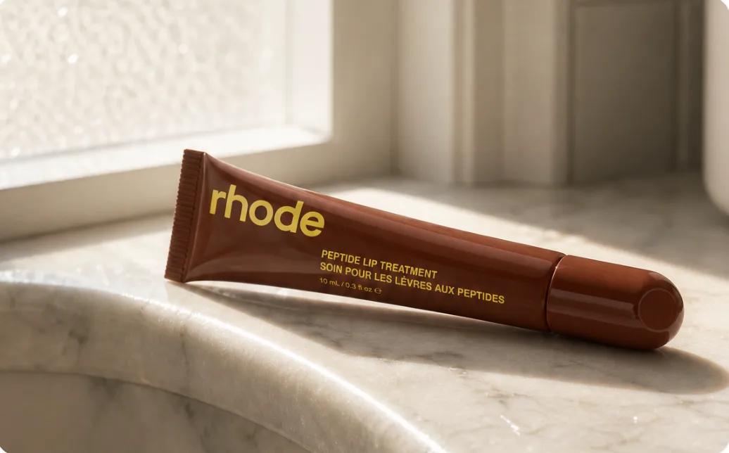 Lip treatment tube on a marble ledge